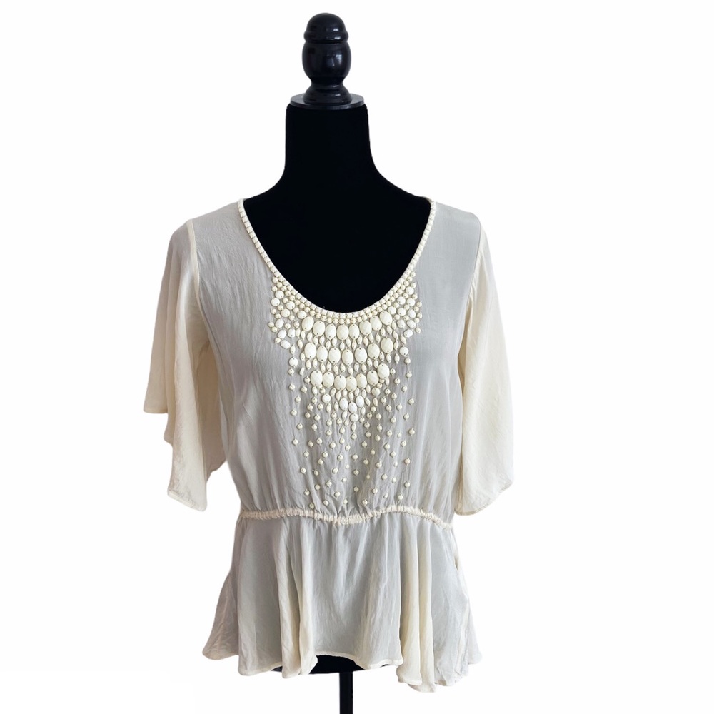 NWT Plenty By Tracy Reese Cream Embellished Stretchy Waist Tie Back Blouse XS